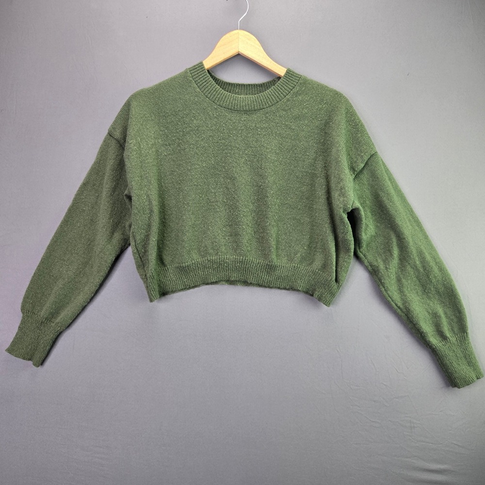 No Boundaries Sweater Womens Large L Green Cropped Knit Crewneck Drop Shoulder